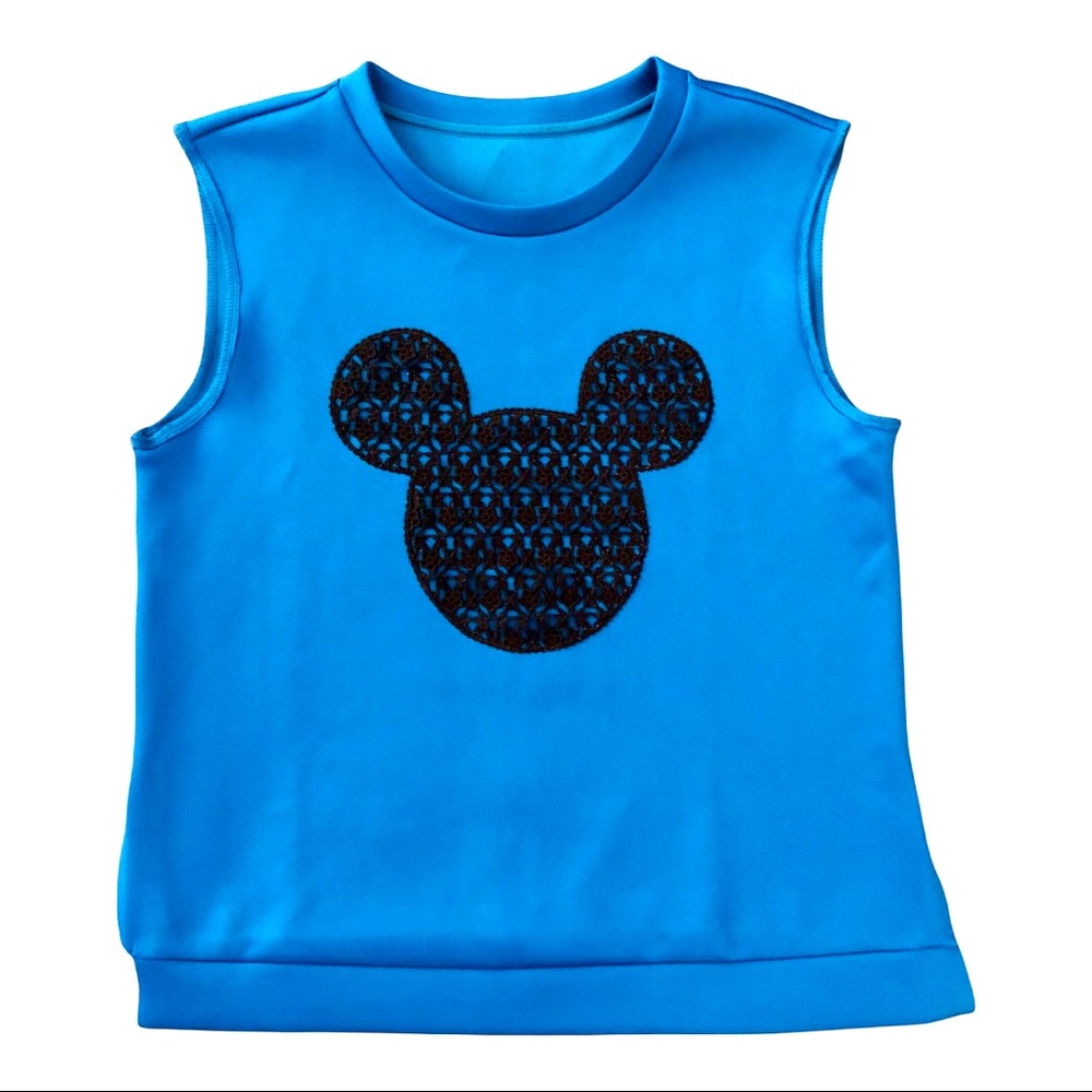 Mickey Mouse Vintage Lace Appliqué on sleeveless Royal Blue Satin Top Medium